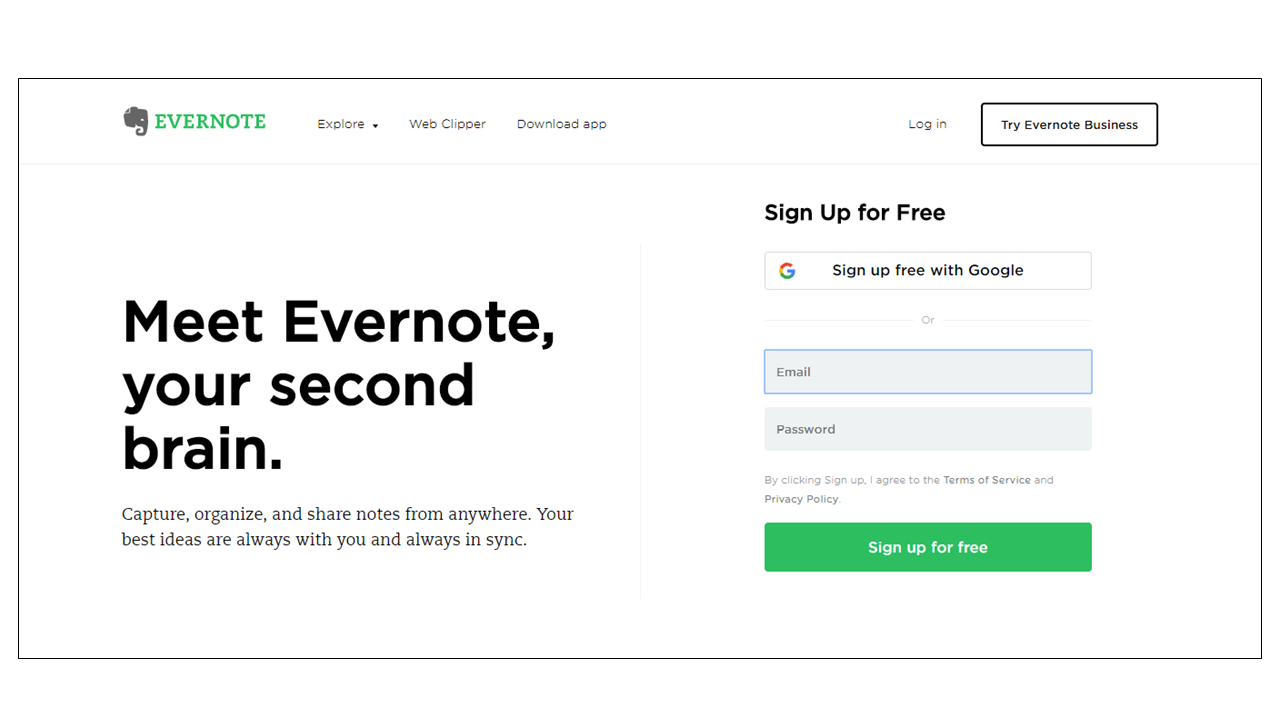 Evernote uses green to highlight call-to-action