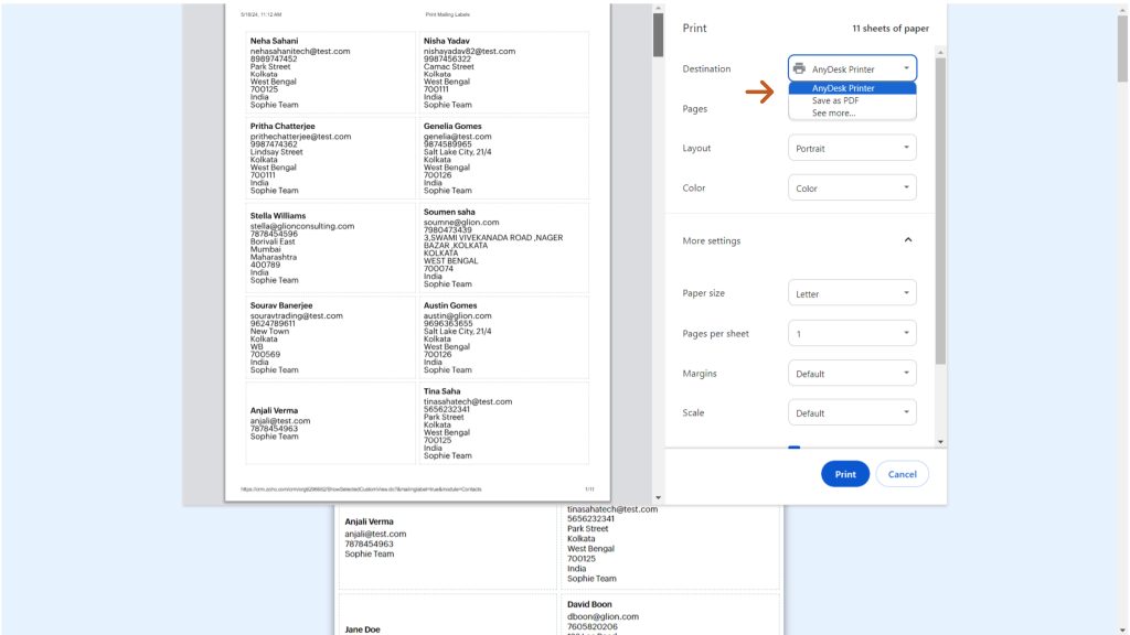 Printing mailing labels in Zoho CRM