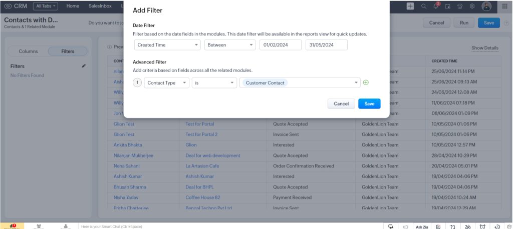 Set Advanced Filters in Zoho CRM