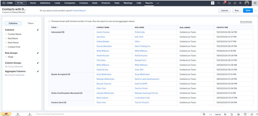 Zoho CRM Reports in Row Group