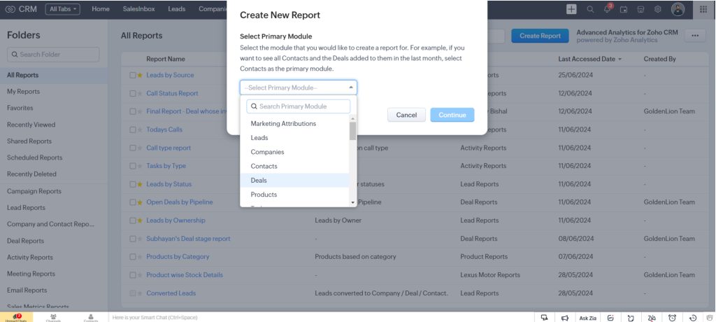 Select Primary Module in Zoho Reports