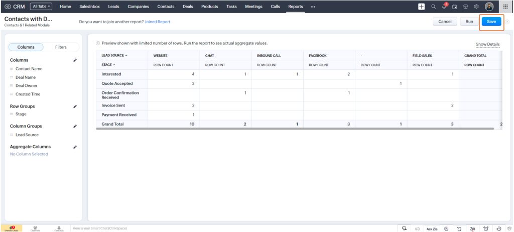 Zoho CRM Column Groups