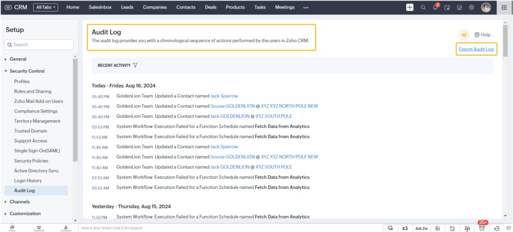 Audit Logs in Zoho 