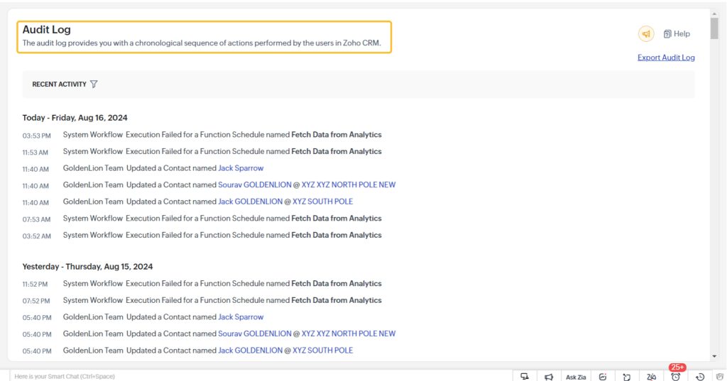 Audit Logs for Zoho Next Gen UI