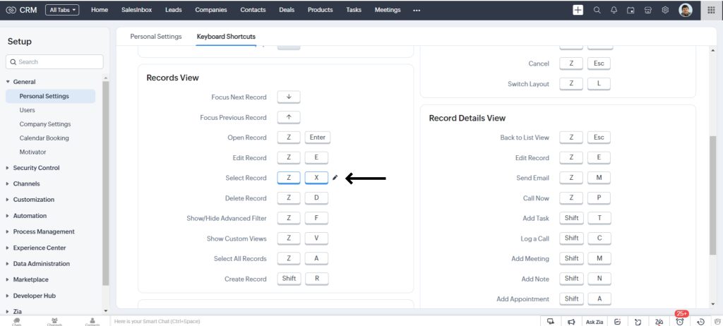 personalize shortcuts in zoho