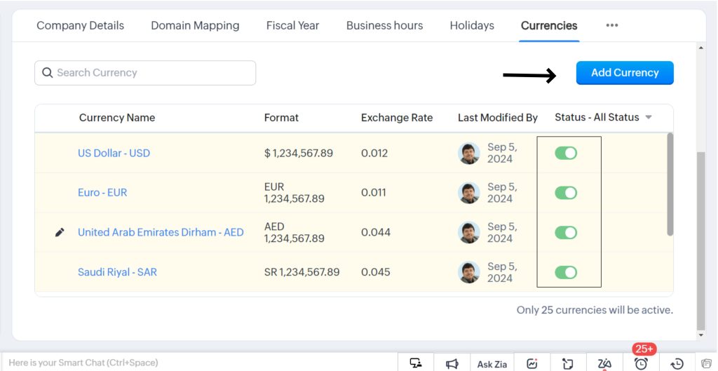 Multiple Currencies in Zoho 