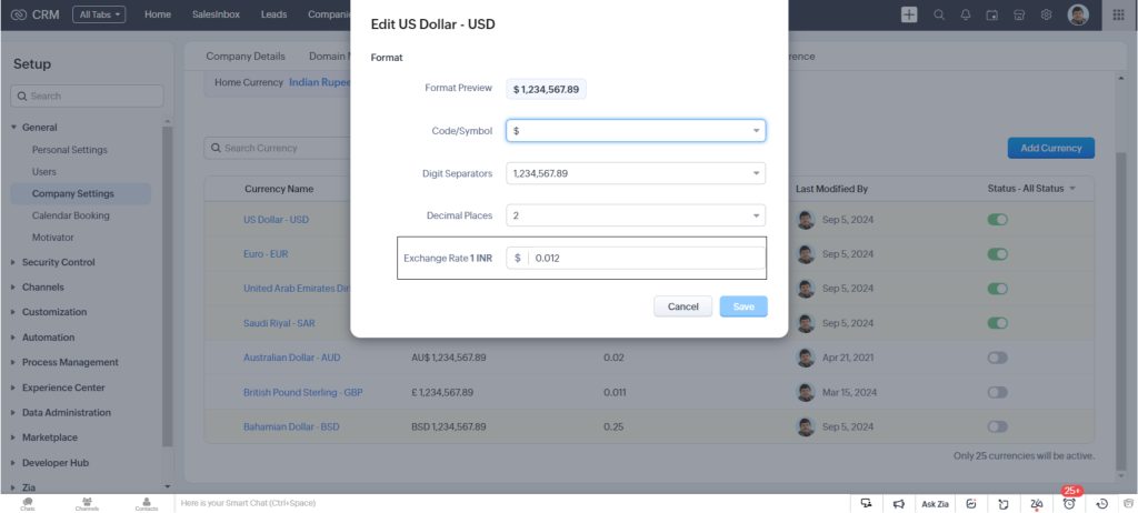 Exchange Rate in Zoho CRM