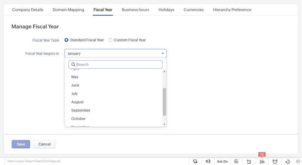 Manage Fiscal Year in Zoho