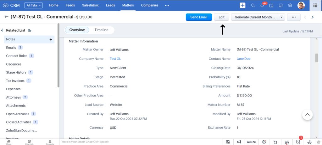 Matters Module in Zoho CRM