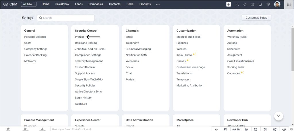 Profiles in Zoho CRM