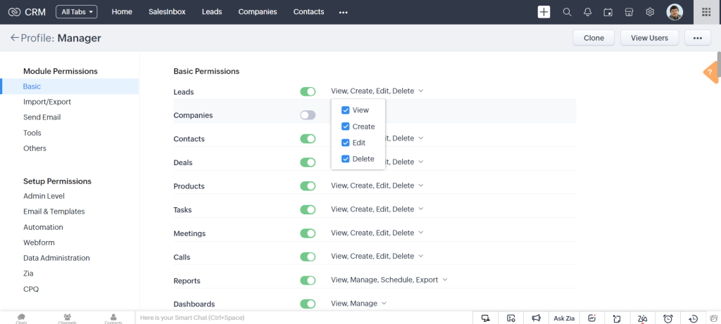 Edit Permissions in Zoho CRM