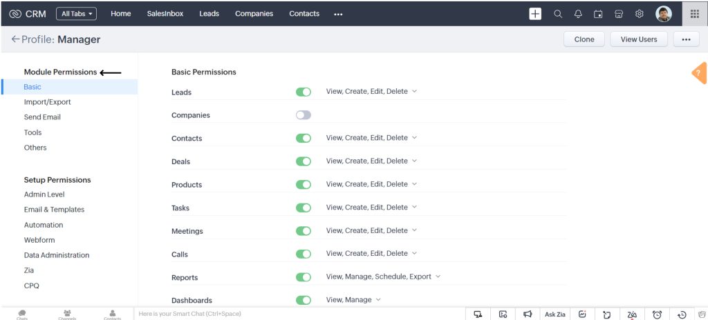 Set permissions in Zoho CRM