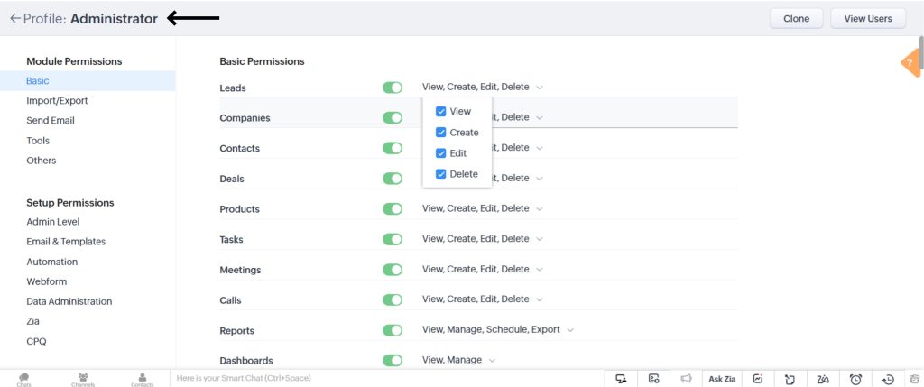 User Permission in Zoho CRM