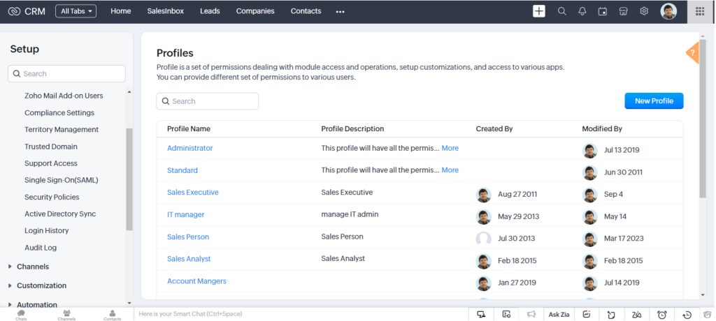 Profiles in Zoho CRM