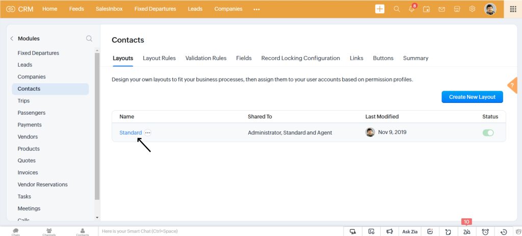 Standard Layout in Zoho CRM