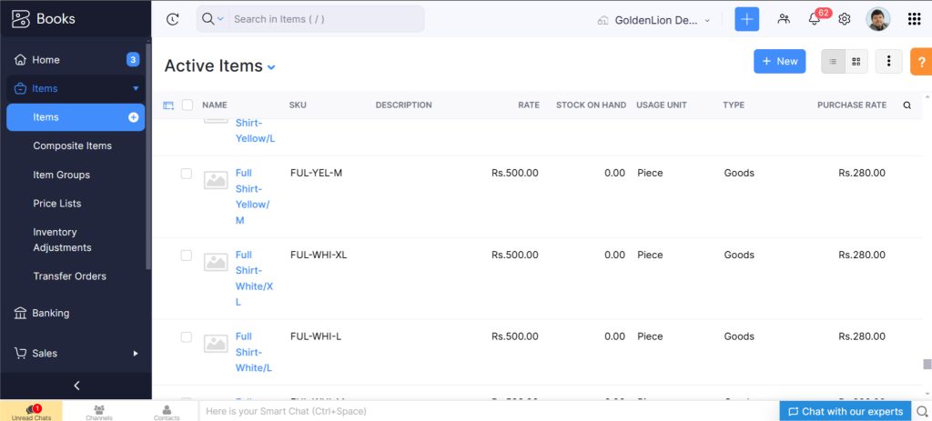 Inventories in Zoho Books