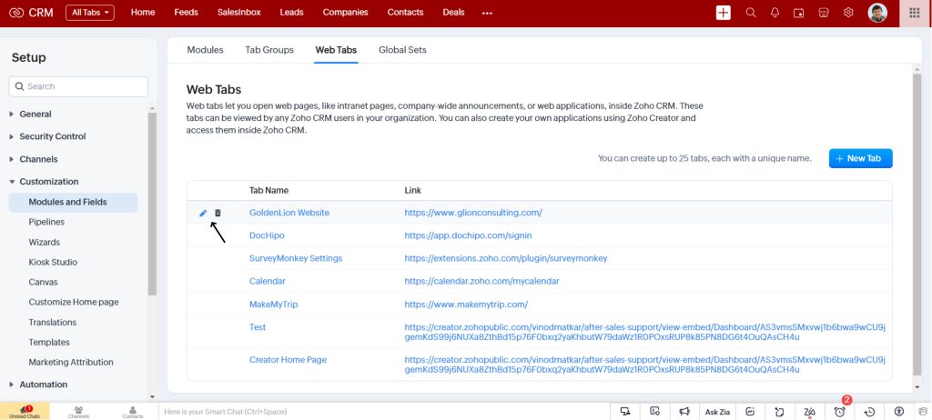 Rename Web Tabs in Zoho CRM