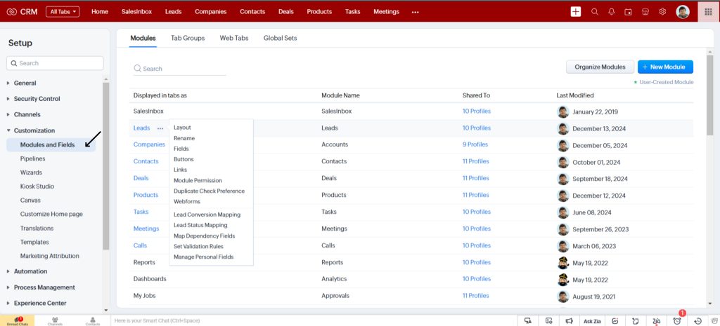 Modules and Fields in Zoho CRM