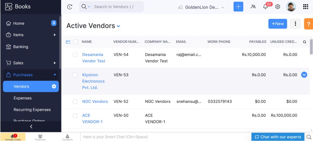 Vendors management in Zoho Books 