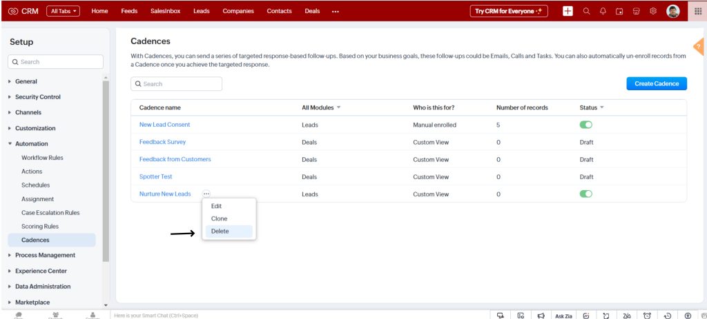 Delete Cadences in Zoho CRM