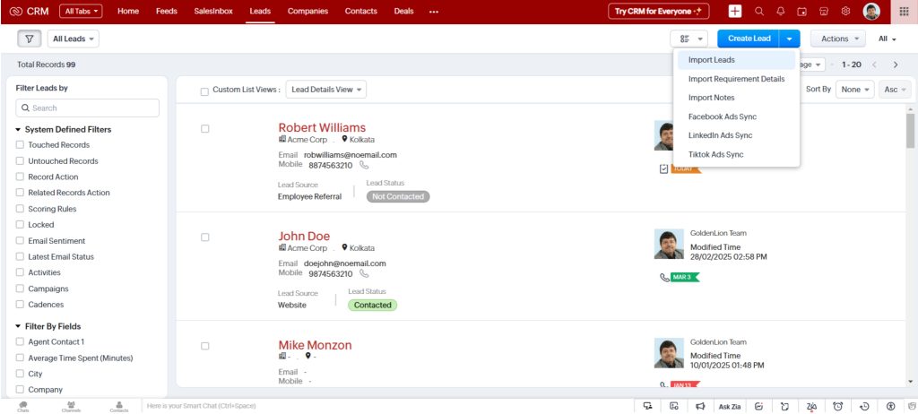 Leads in Zoho CRM