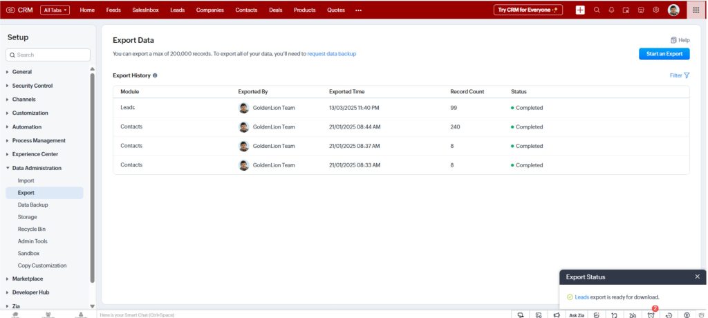 Data Export in Zoho CRM